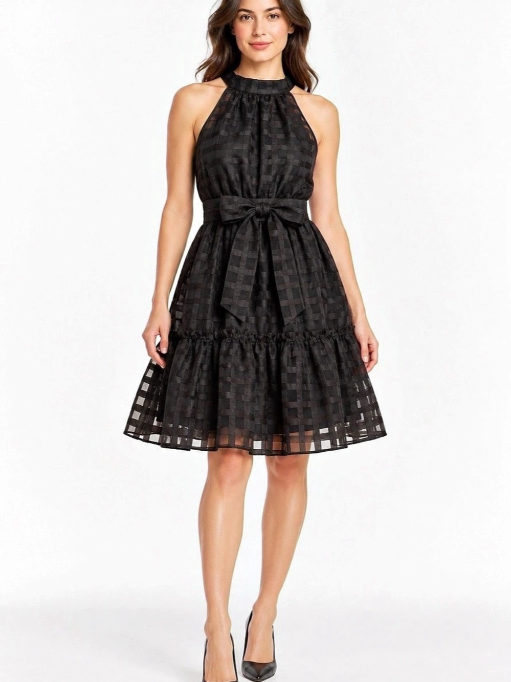 Black Halter Dress XL Checked Sheer Overlay Bow Waist Ruffle Hem